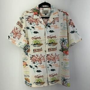 Good Vibes Drill Mens Small Miami Beach Tropical Postcard Shirt Kitsch Cruise